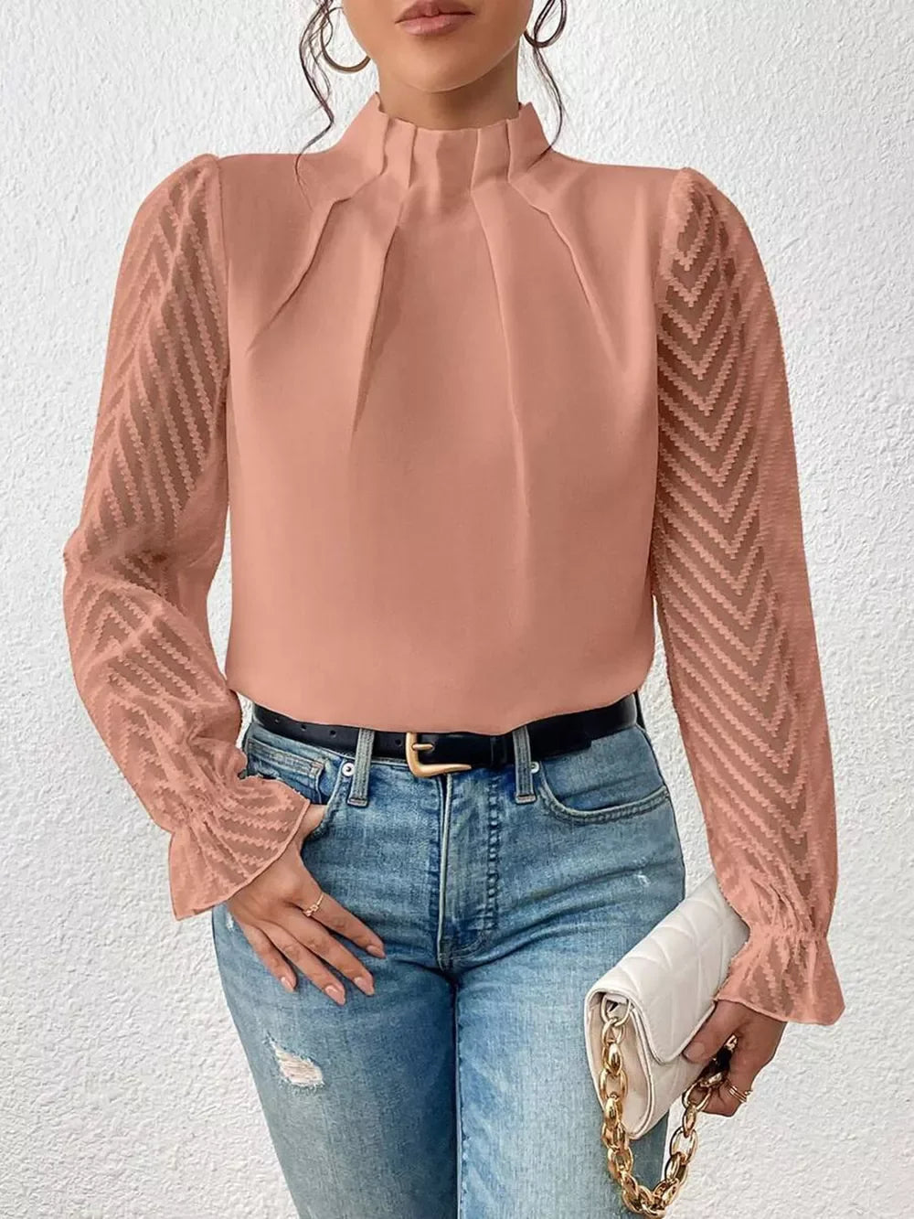 Mock Neck Ruffle Sleeve Blouse Semi Sheer Elegant Top Women