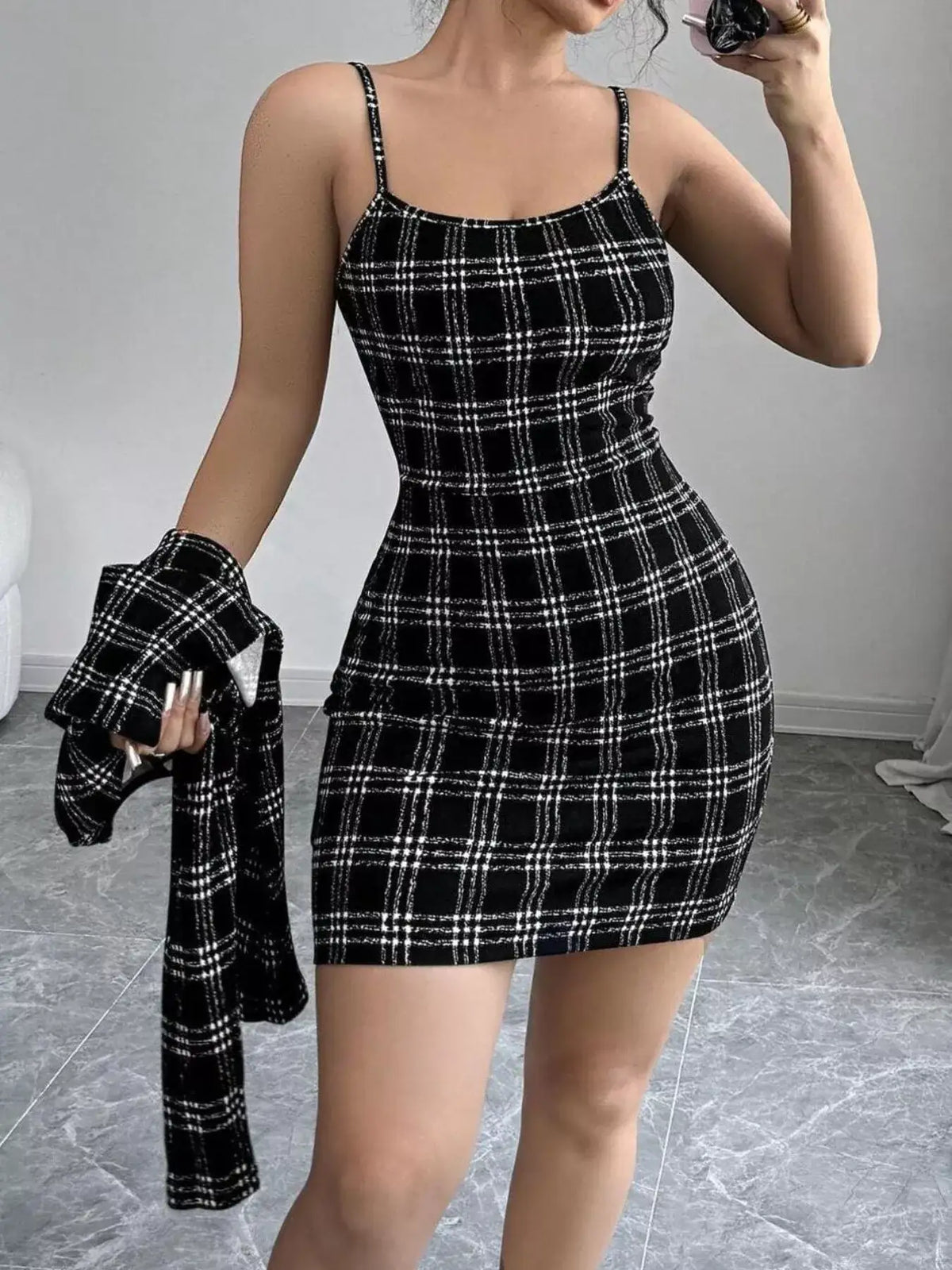 Bodycon mini dress from the plaid tweed two-piece set, front view