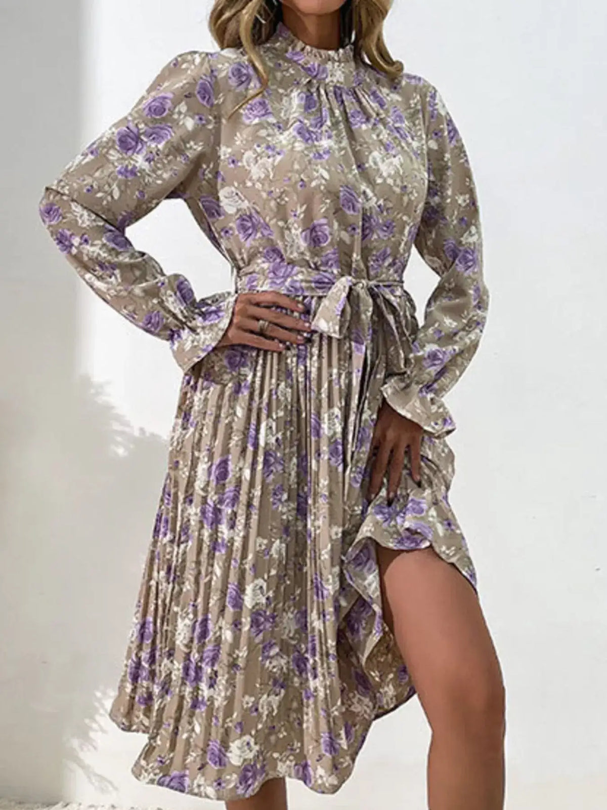 Khaki floral pleated midi dress with tie belt - side view