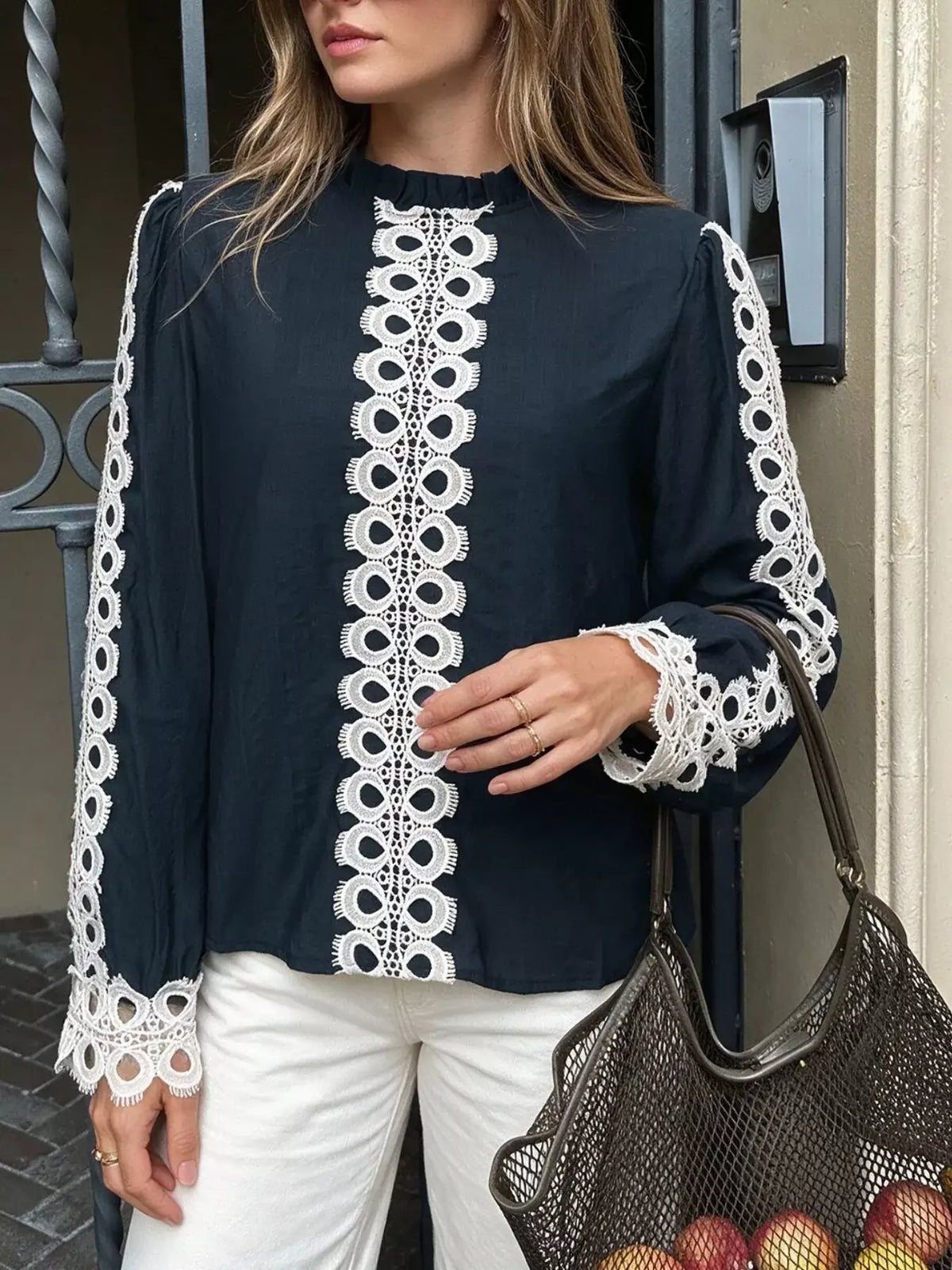 Navy lace trim blouse - lace detail