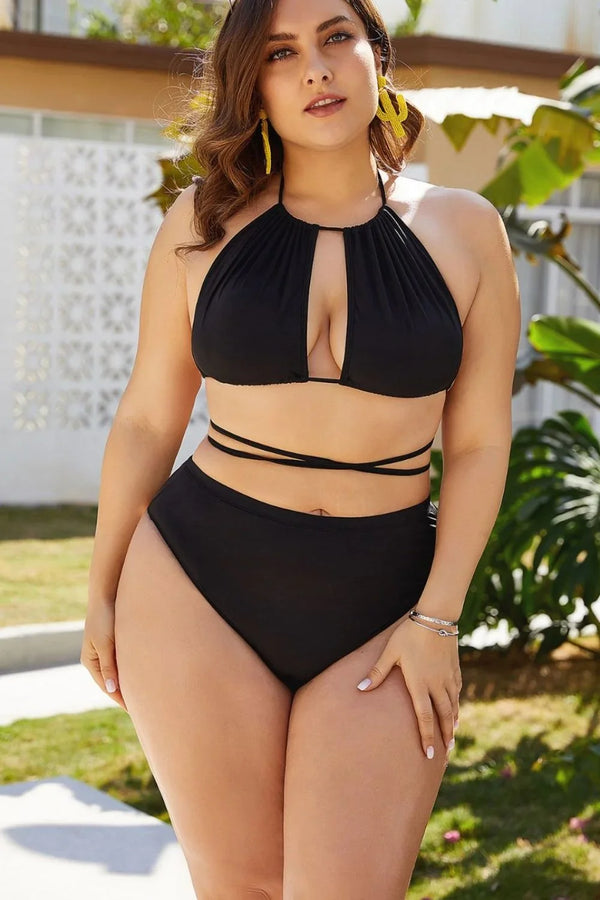 Close-up of the cutout and adjustable tie details on the plus size halter bikini top.