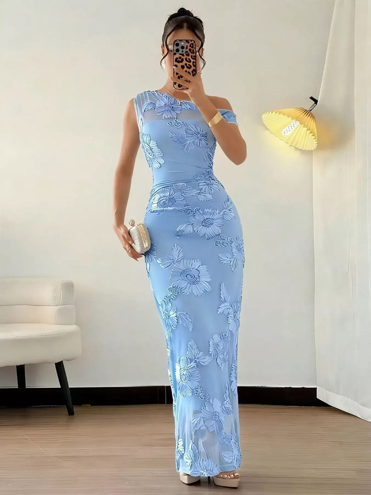 Embroidered one shoulder maxi dress - front view