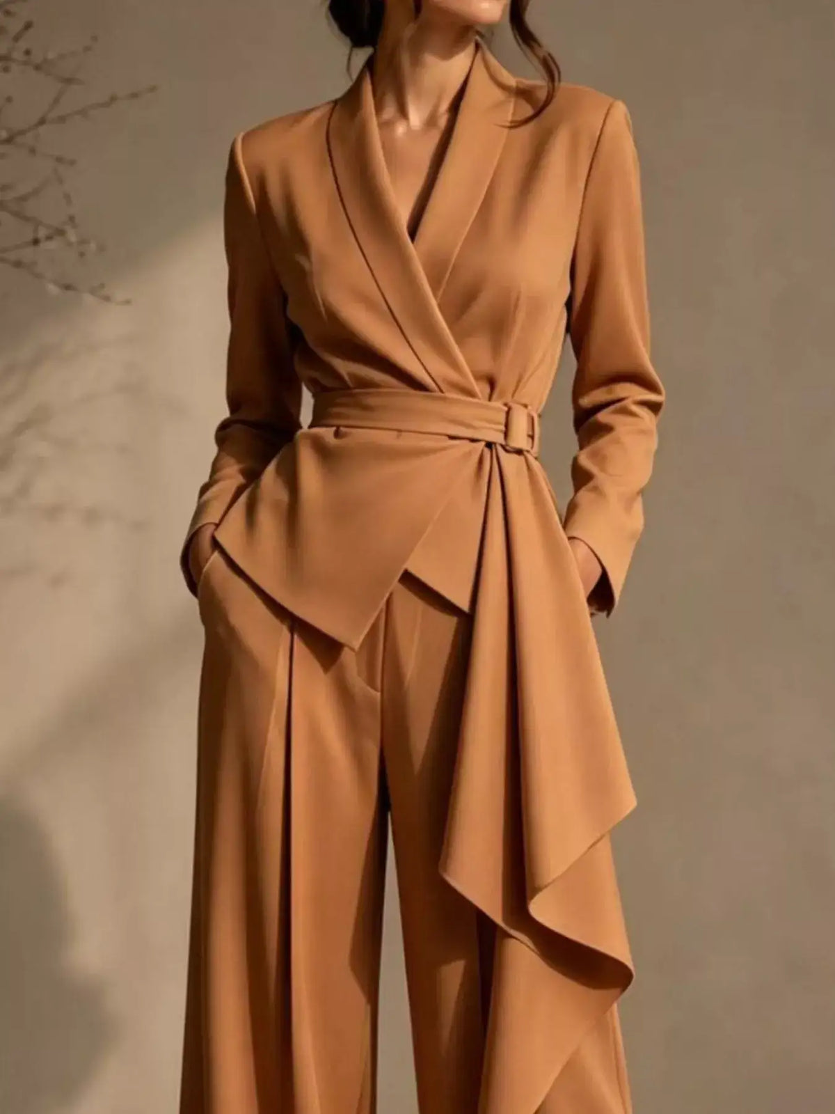Evie's Dreamland camel-colored belted blazer and wide-leg pants set with an asymmetric wrap waist.