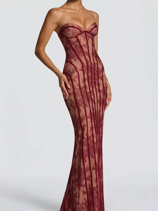 Floor-length strapless lace maxi dress for weddings and events