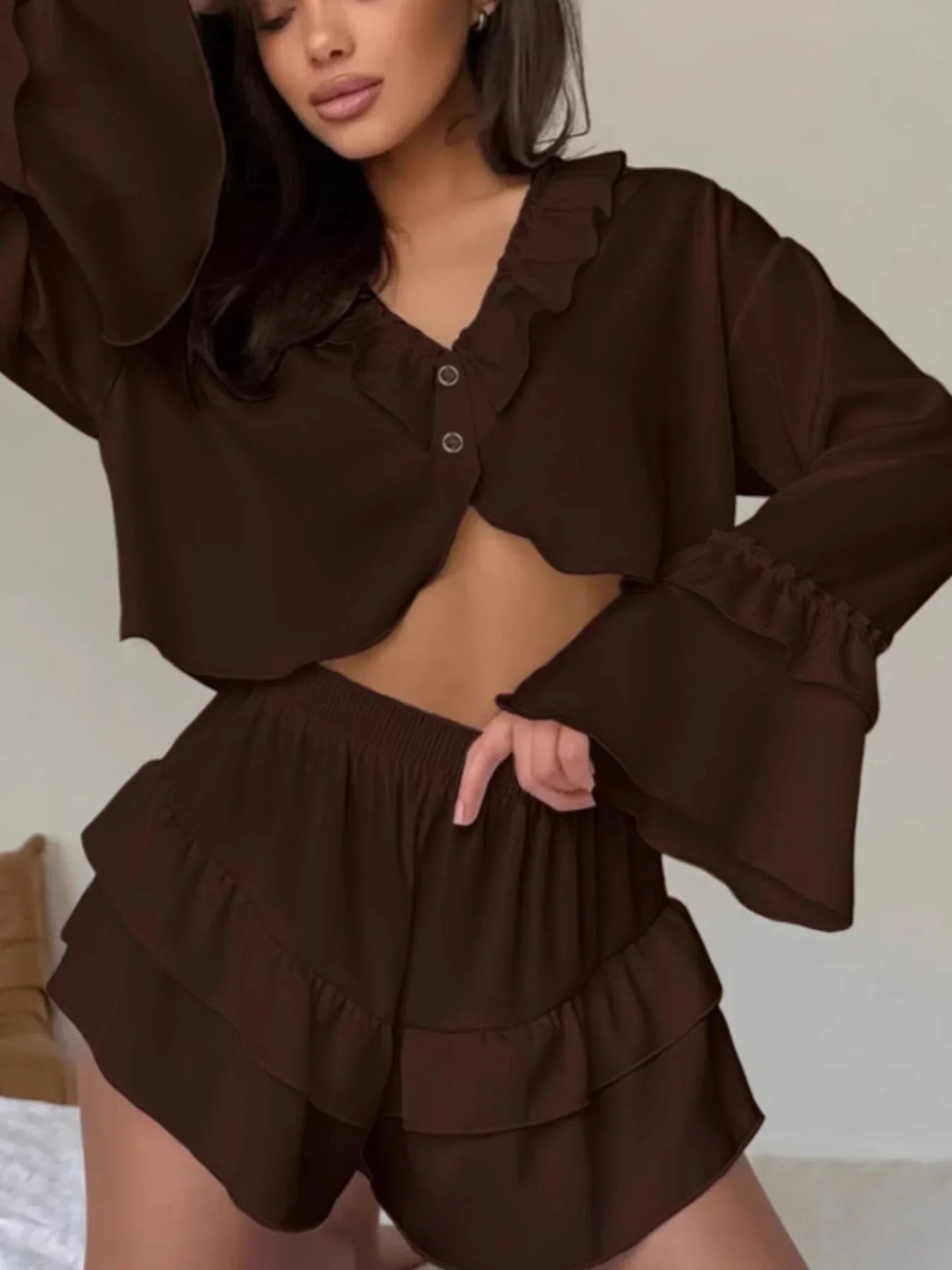 Ruffled V Neck Top and Shorts Set Two Piece Chic Summer Outfit