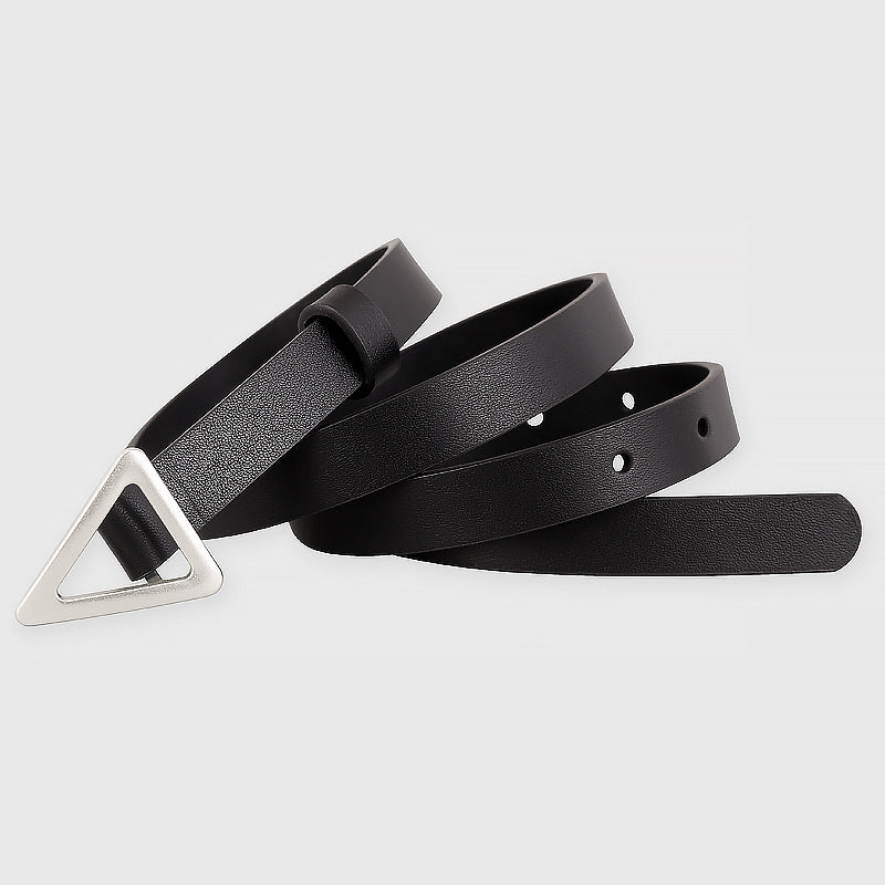 Black faux leather women's belt with a silver triangular buckle