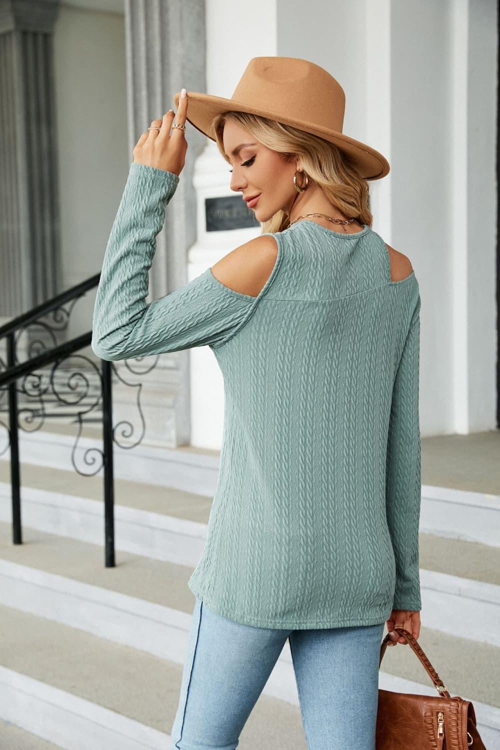 Cold Shoulder Long Sleeve Blouse Cutout Casual Round Neck Top