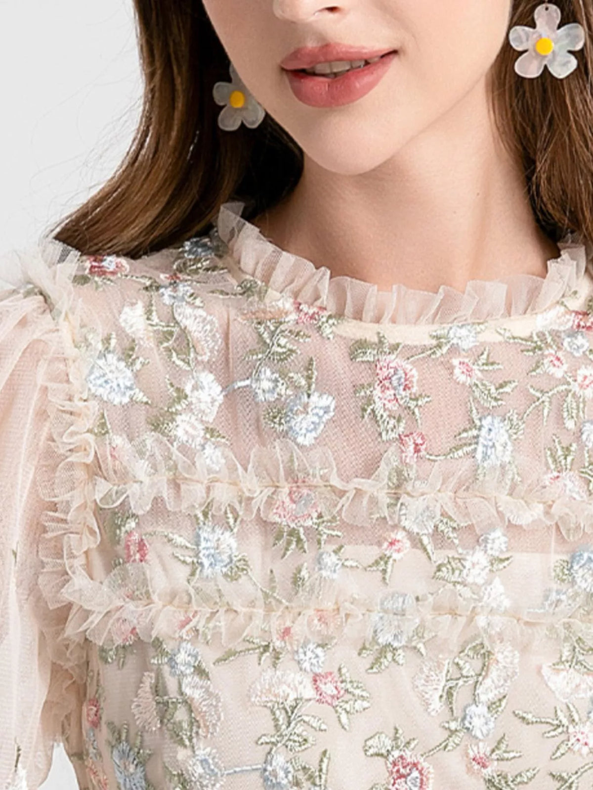 Apricot floral embroidered tulle maxi dress with mesh detail by Evie's Dreamland