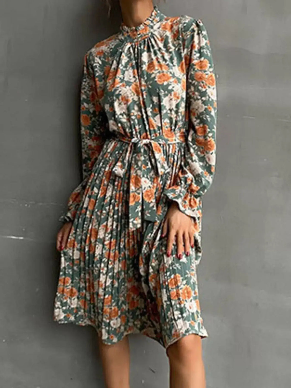 Green floral long sleeve pleated midi dress - back view
