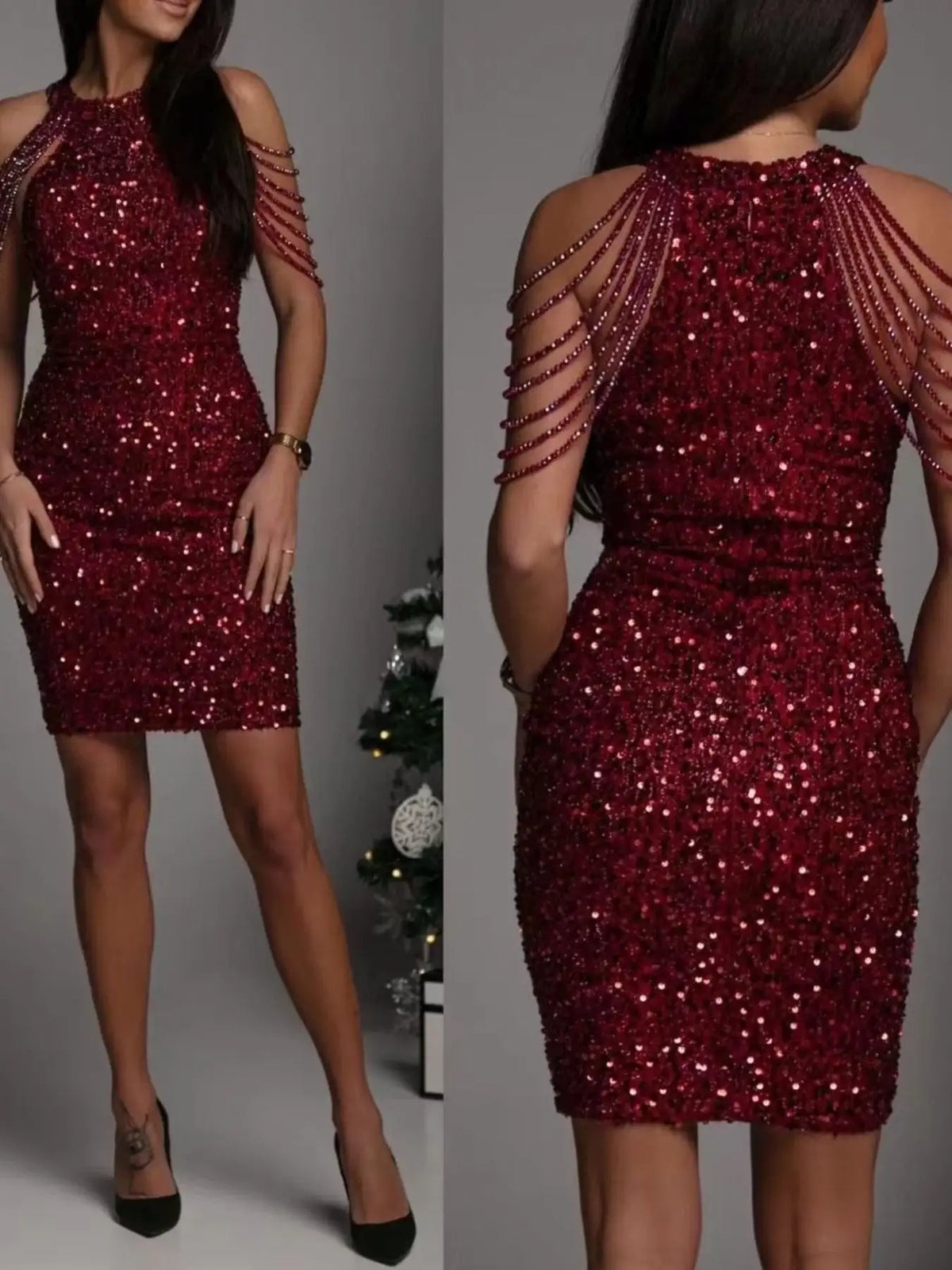 Evie's Dreamland burgundy sequin bodycon mini dress with cold-shoulder beaded fringe detailing.