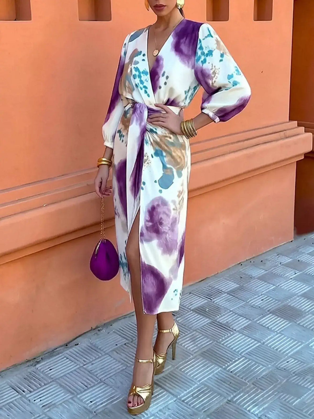 Purple abstract print tie-waist midi dress with side slit - front view