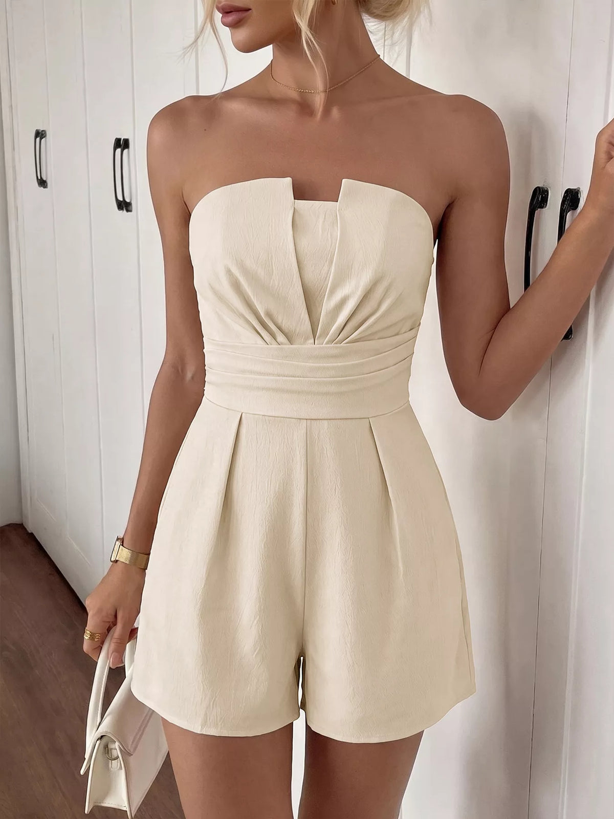 Strapless pleated detail playsuit for women, apricot
