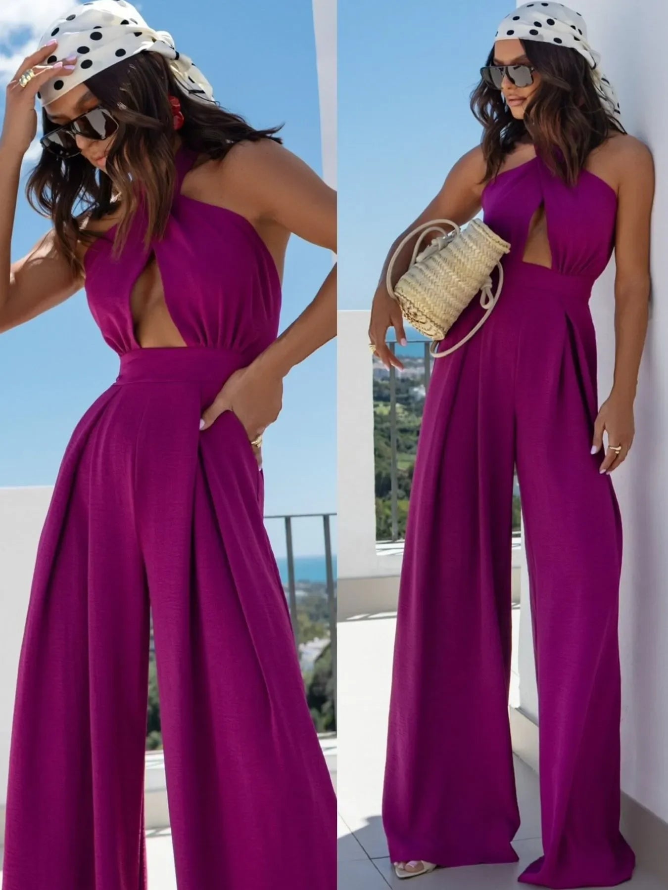 Woman wearing magenta halter jumpsuit with cutout, polka dot headscarf, sunglasses, and straw bag on balcony