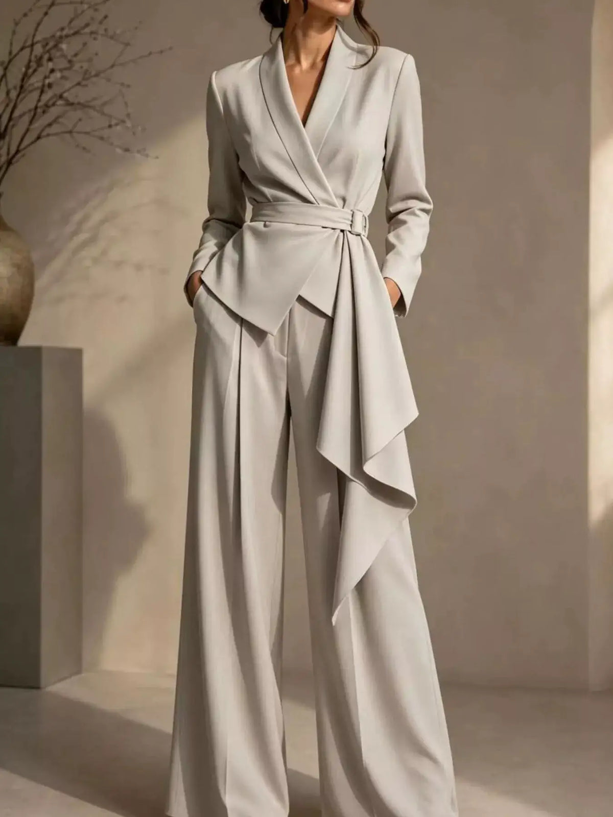 Evie's Dreamland light grey belted blazer and wide-leg pants set with an asymmetric draped waist.