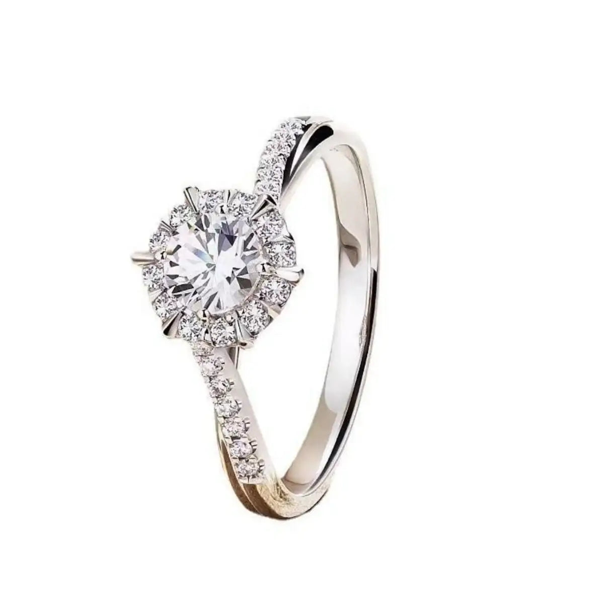 Evie's Dreamland moissanite 925 sterling silver ring with a center halo and diamond-set band.