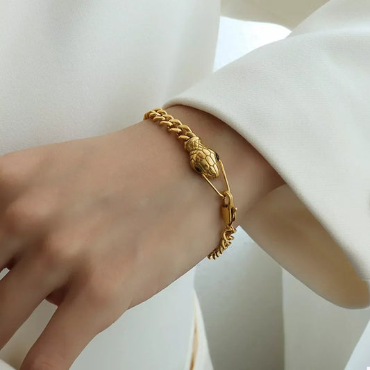 Titanium Steel Zircon Snake Bracelet – 18K Gold-Plated Bangle for Women