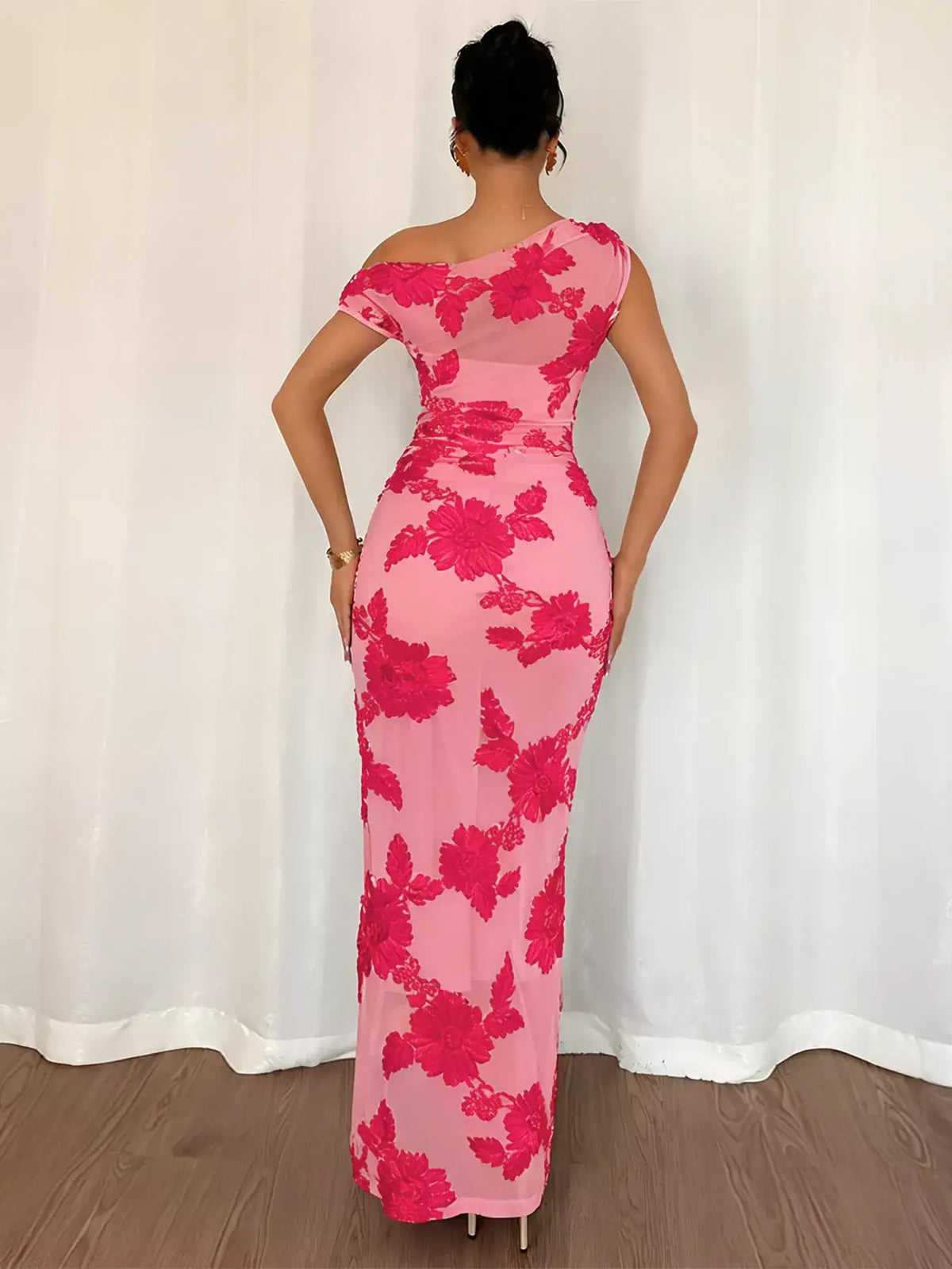 Light yellow embroidered one shoulder maxi dress