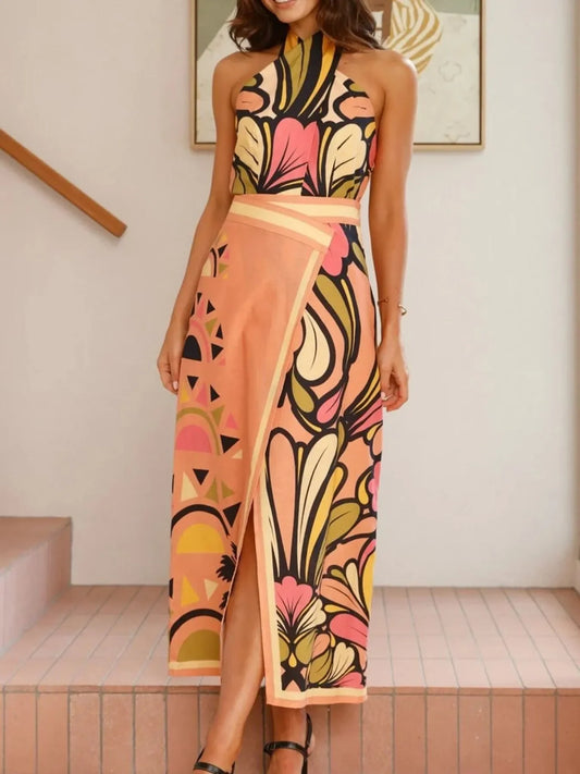 Printed Halter Crop Top and Skirt Set — Cutout Summer Two Piece