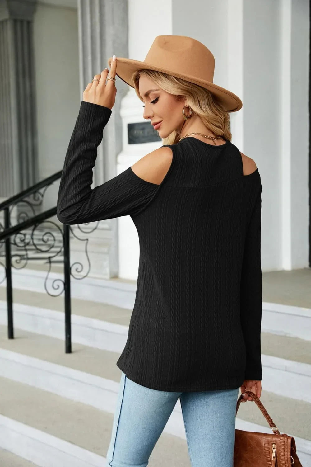 Cold Shoulder Long Sleeve Blouse Cutout Casual Round Neck Top