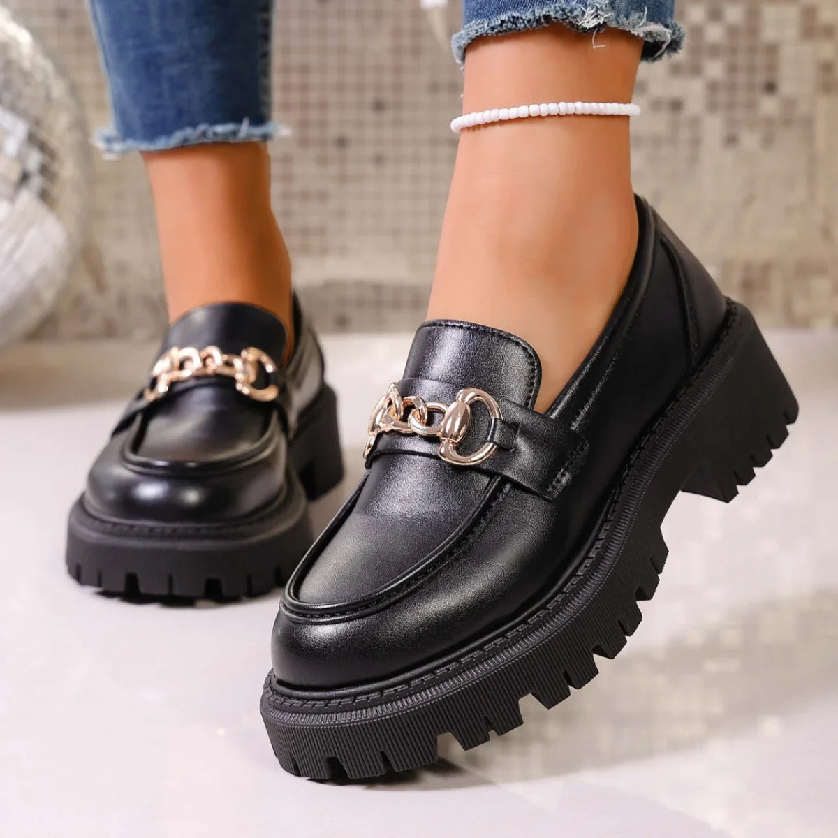Women's matte black round toe loafers with gold chain detail