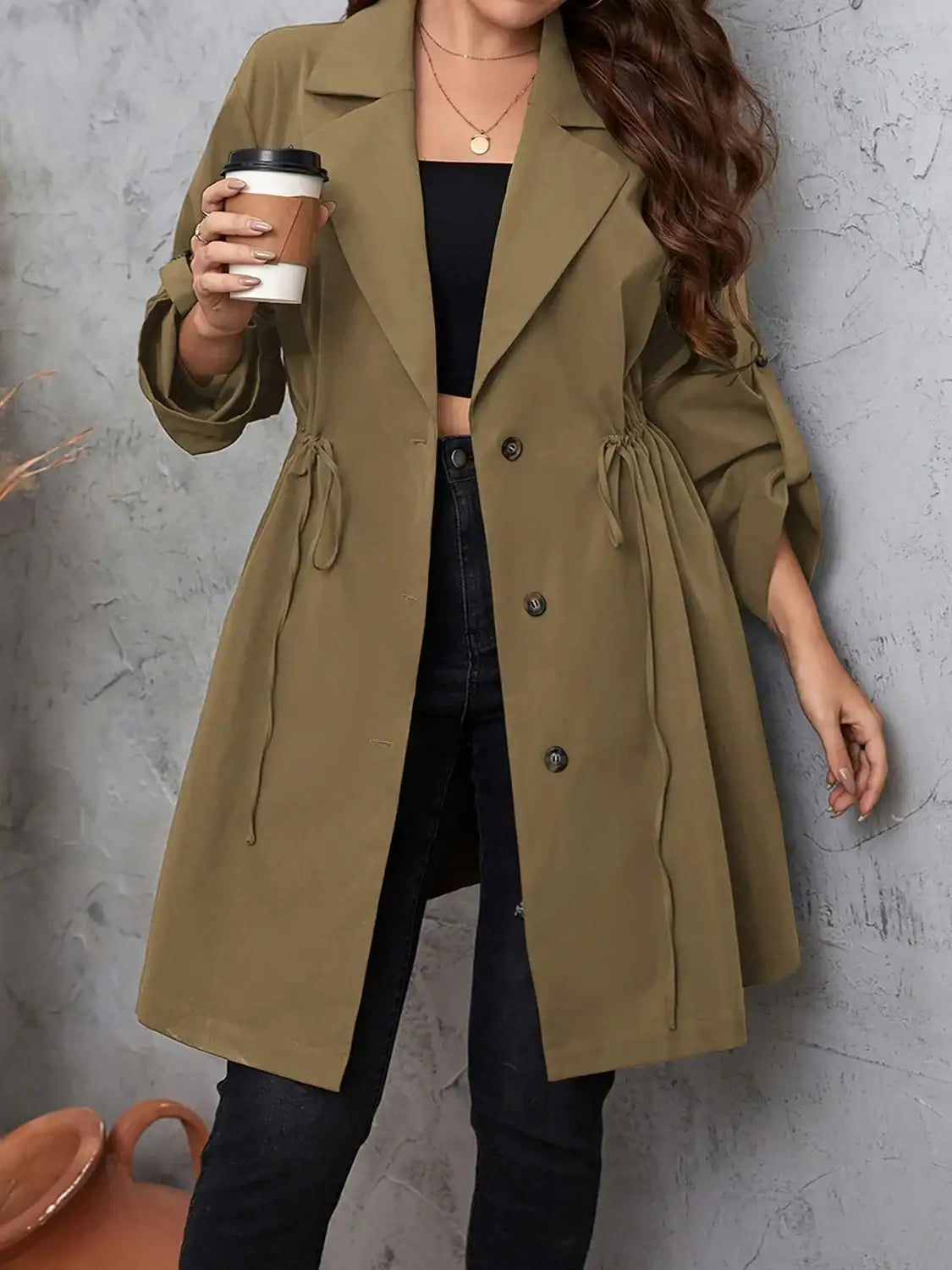 Plus Size Lapel Collar Drawstring Trench Coat