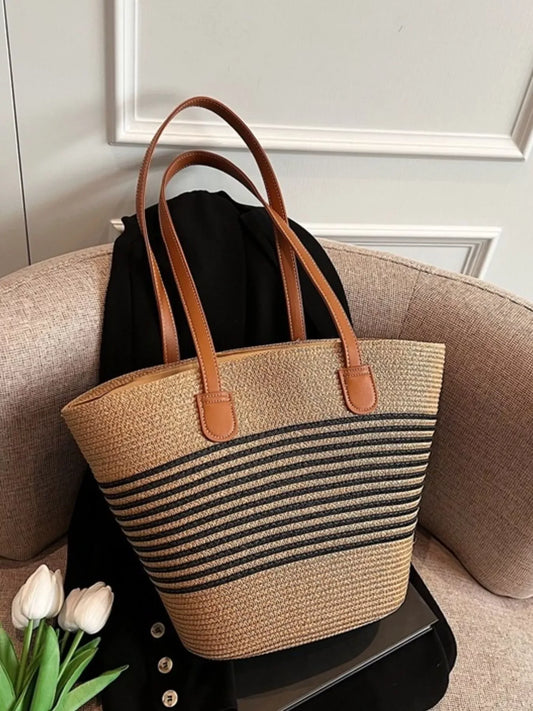 Striped woven straw shoulder bag — summer beach tote for women