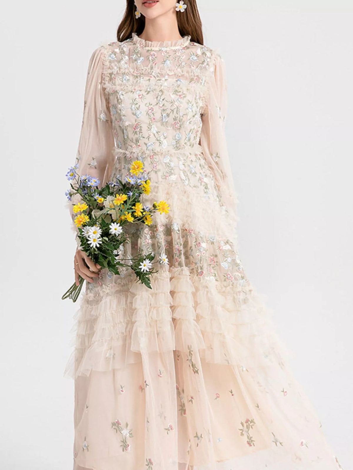 Evie's Dreamland apricot embroidered tulle maxi dress with a floral design