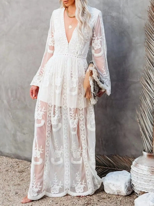 Woman wearing a floral lace slit maxi dress from Evie's Dreamland