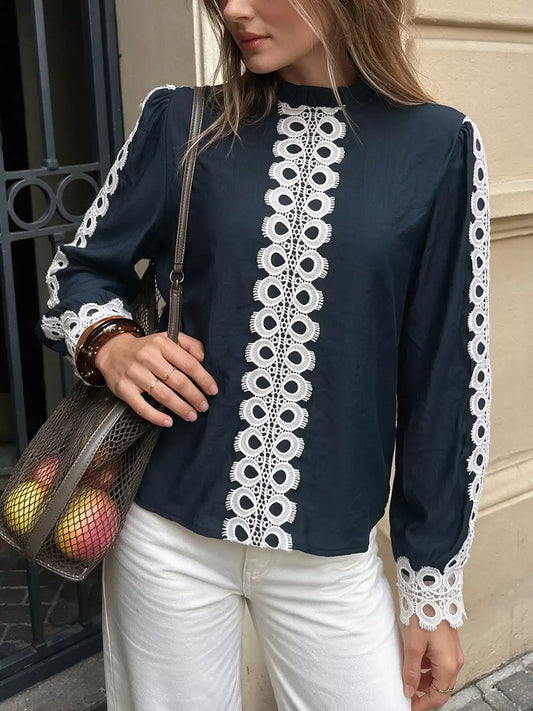Navy lace trim long sleeve blouse - front view