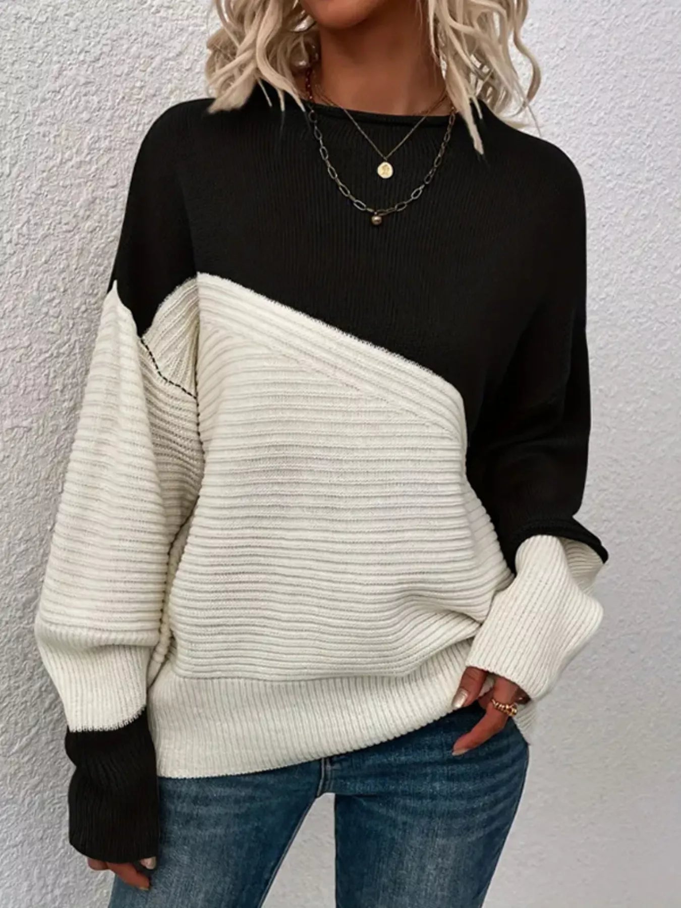 Color Block Ribbed Knit Sweater