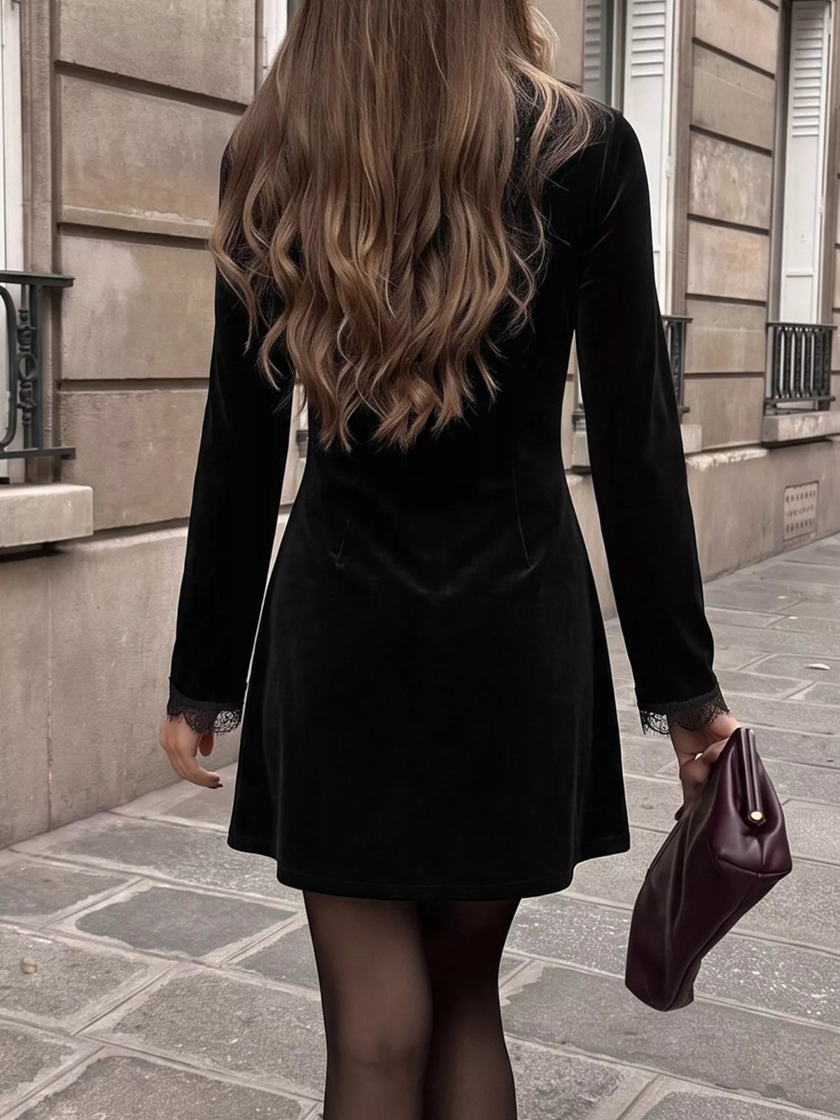 Long sleeve black velvet mini dress - full length