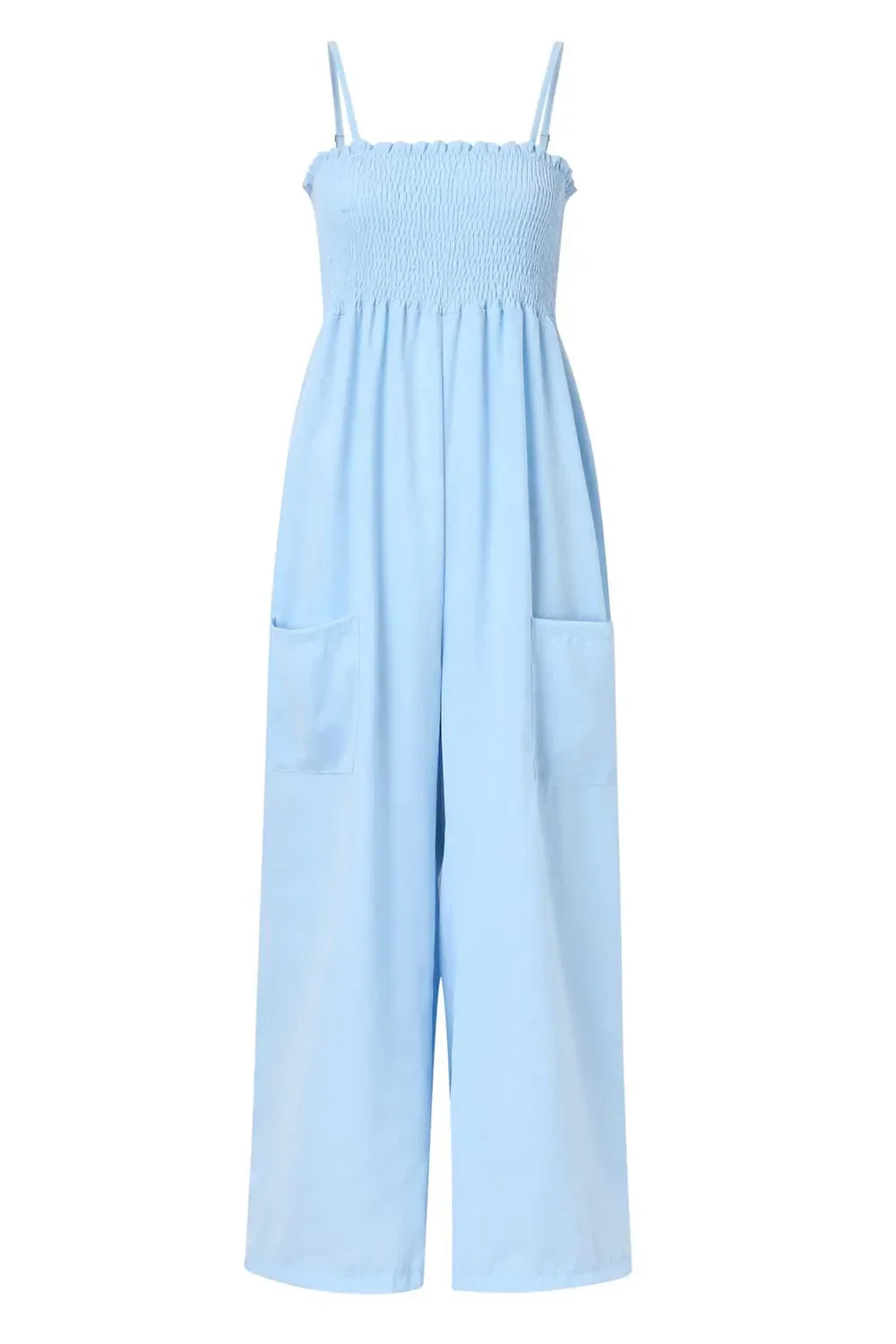 Light blue wide-leg jumpsuit with smocked bodice, adjustable straps, and front patch pockets