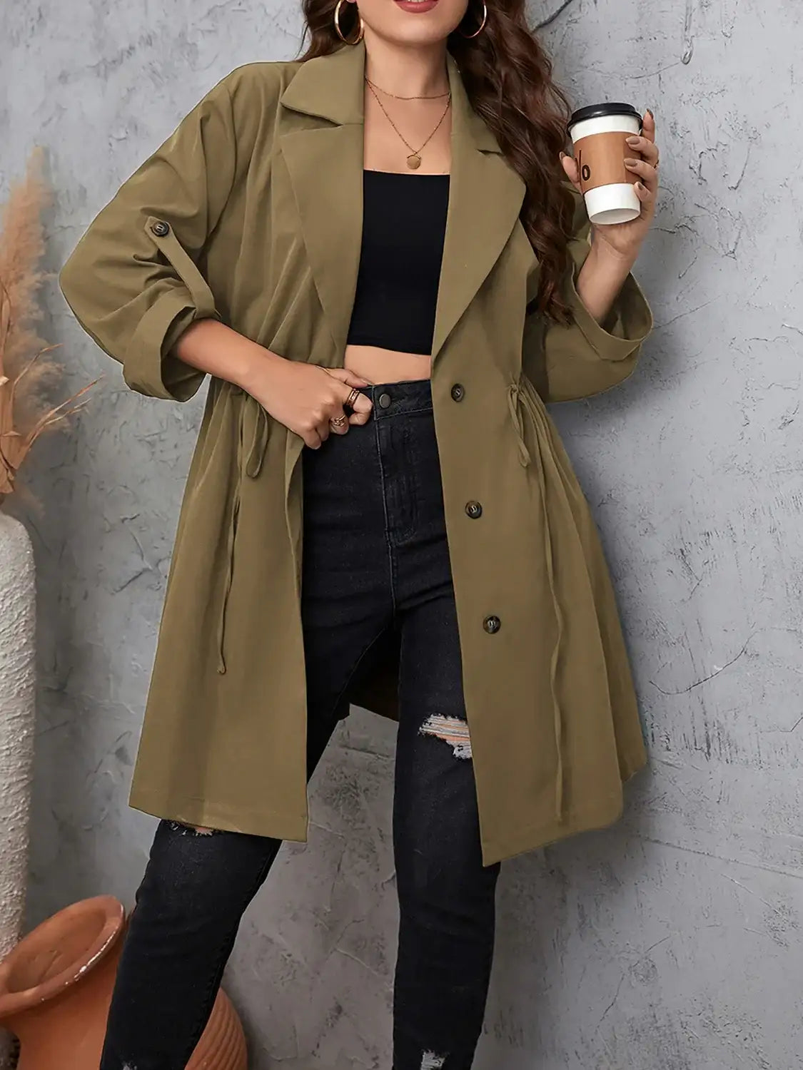 Plus Size Lapel Collar Drawstring Trench Coat