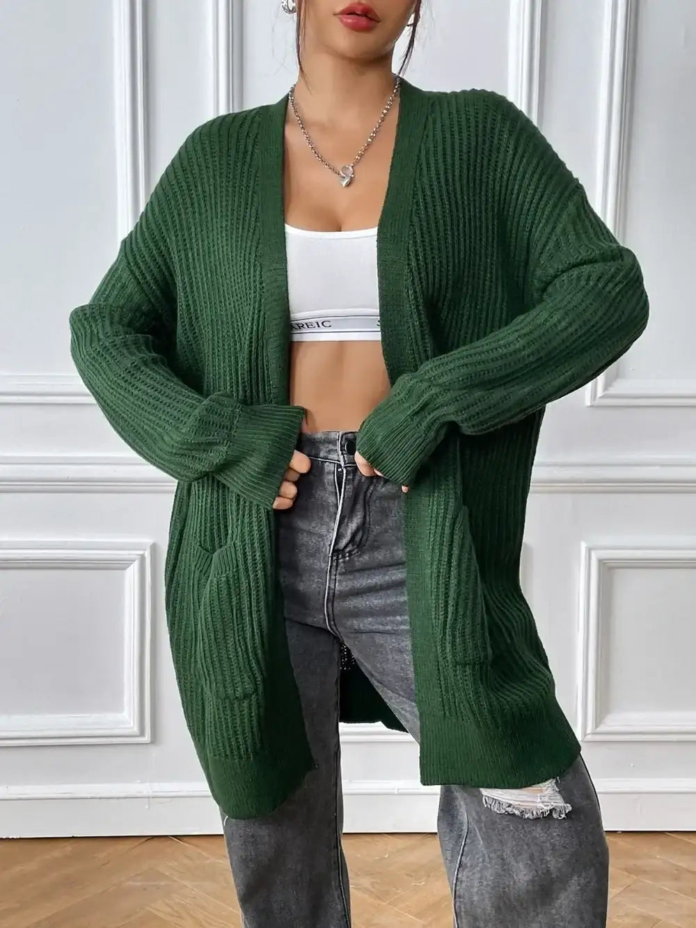 Evie's Dreamland forest green open front ribbed knit cardigan with long sleeves and pockets