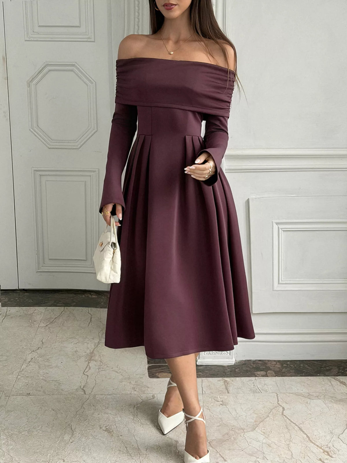 Off-shoulder long sleeve midi dress for women - back view
