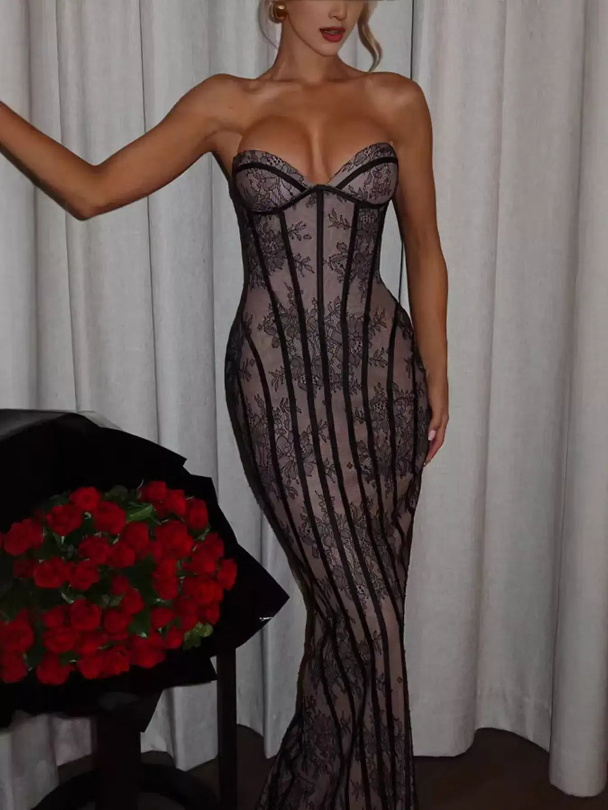 Strapless lace maxi dress with high slit for formal events