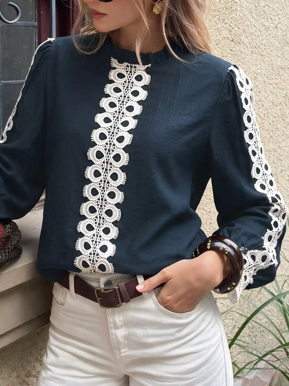 Navy long sleeve lace blouse - detail