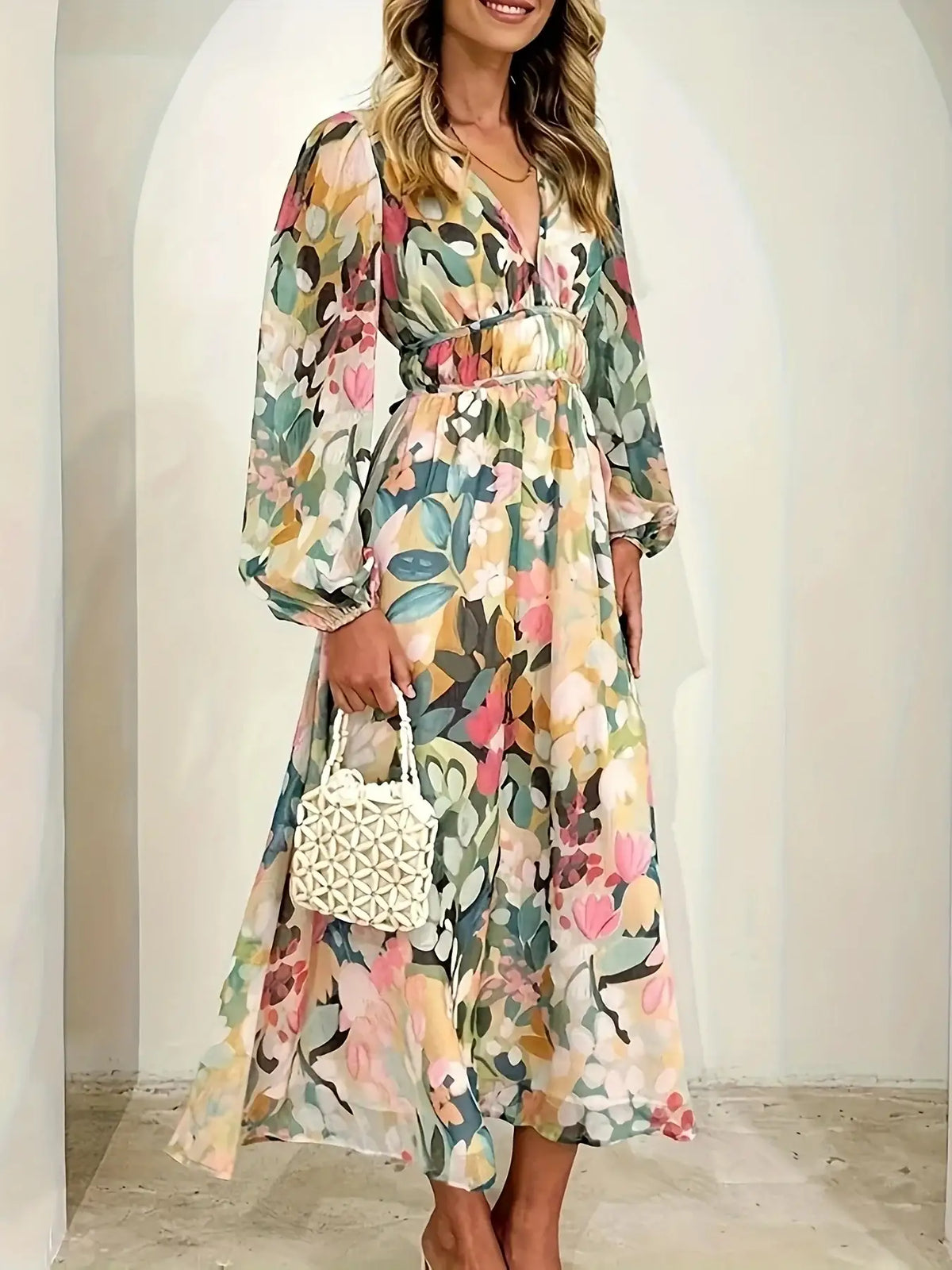Beige floral long sleeve midi dress - print detail