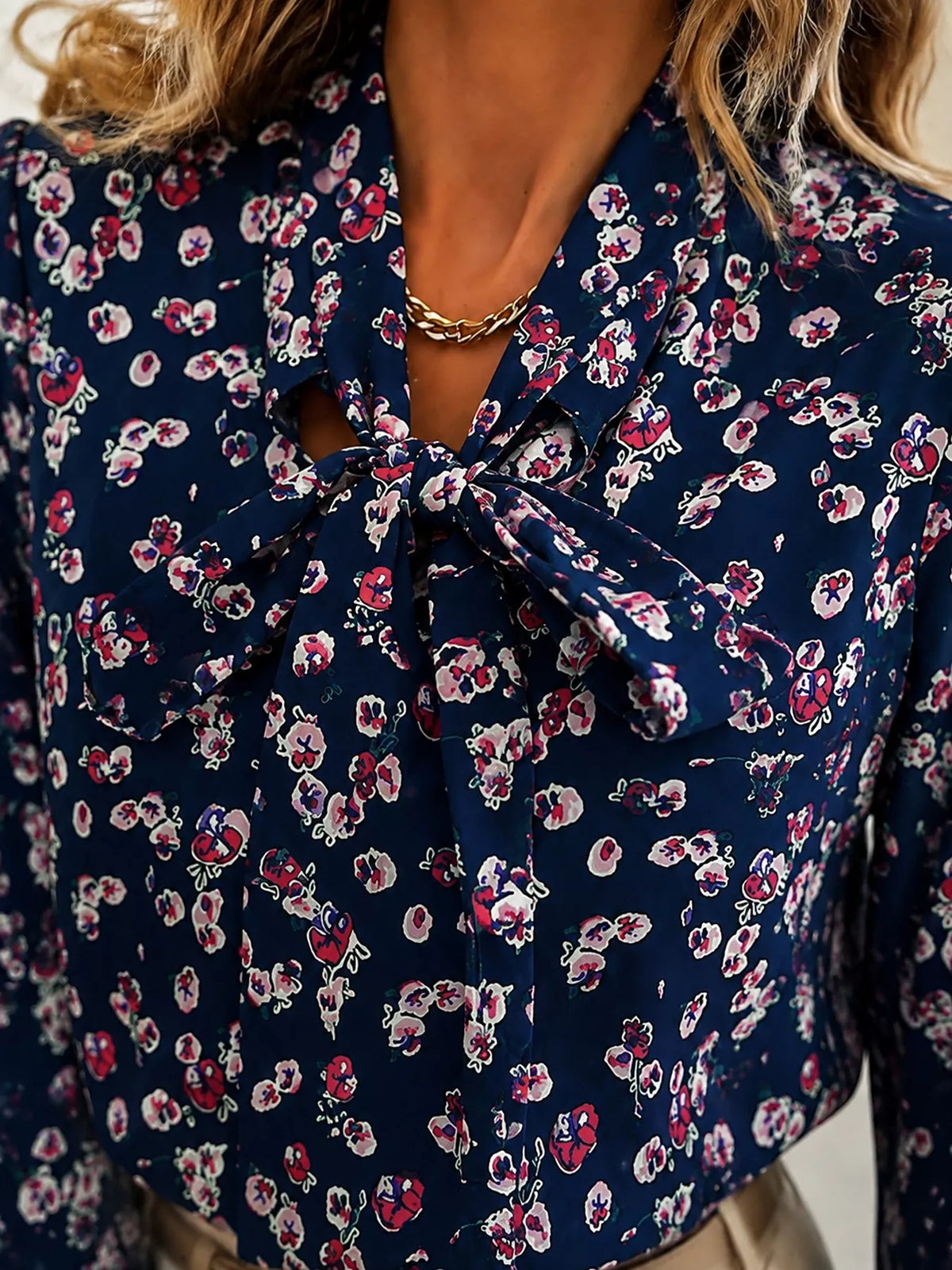 Burgundy printed bow-tie neck long sleeve blouse - front view