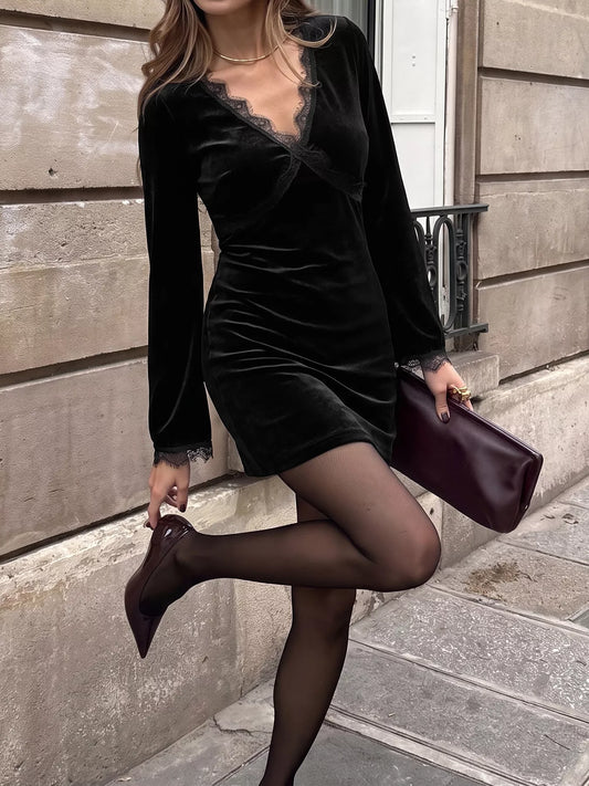 Black velvet lace trim V-neck mini dress - front view