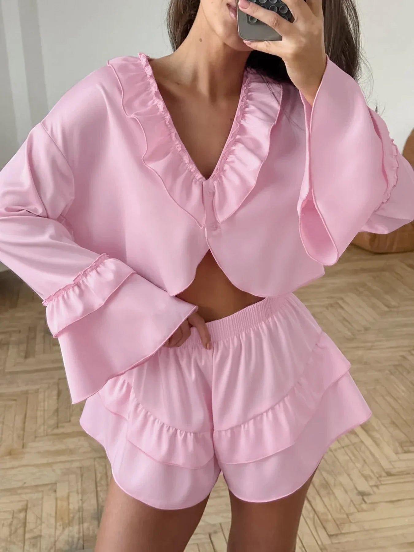 Ruffled V Neck Top and Shorts Set Two Piece Chic Summer Outfit