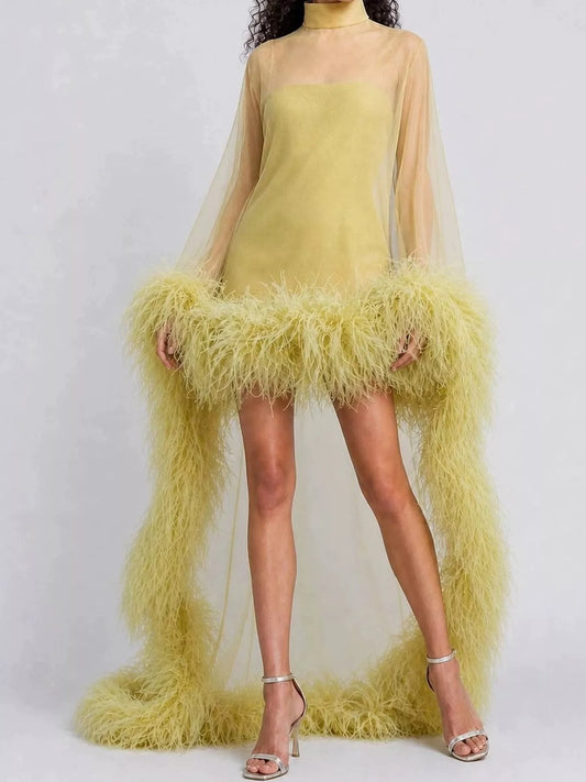 Green sheer mesh feather trim mini dress - side view