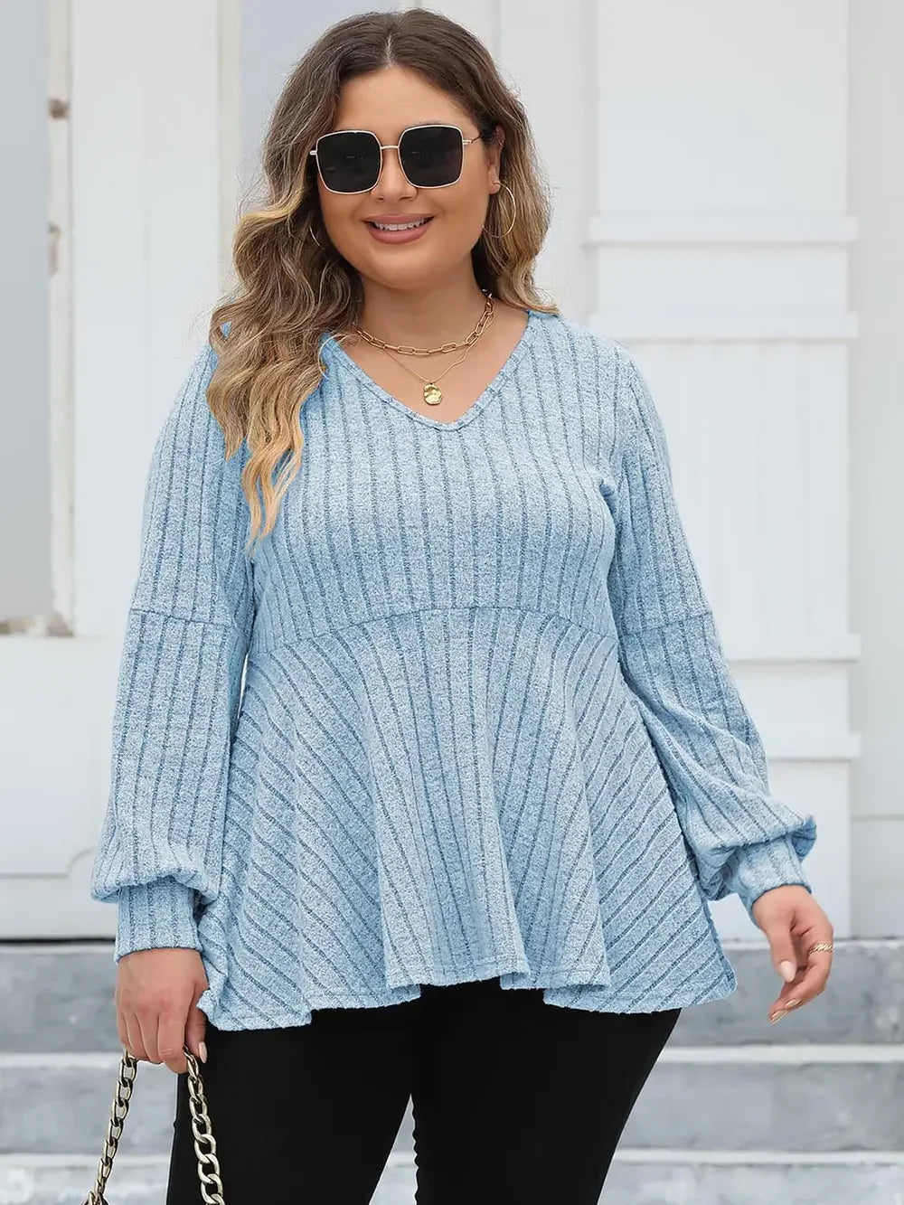 Plus Size Ribbed V-Neck Long Sleeve Blouse — Casual Chic Top