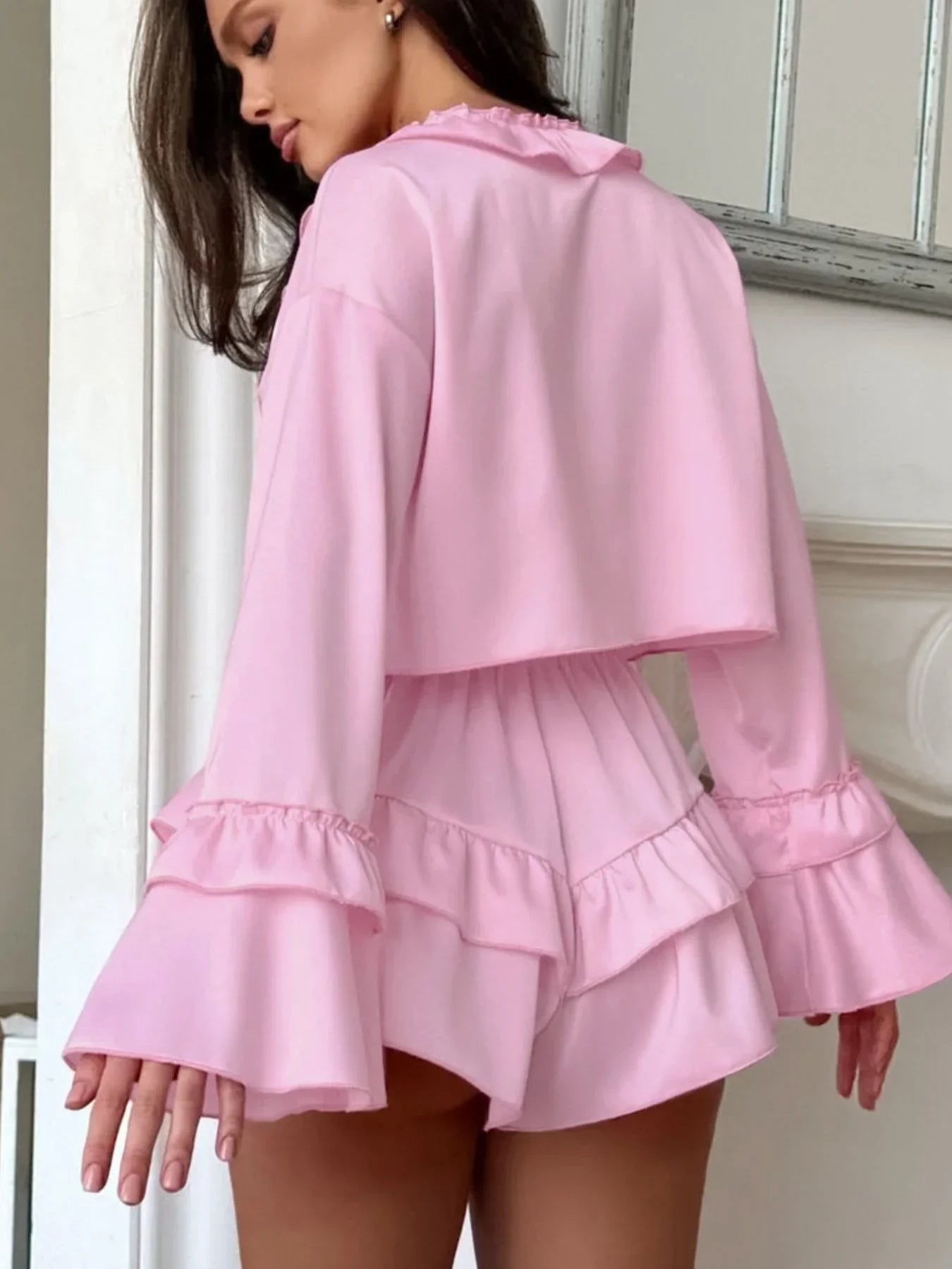 Ruffled V Neck Top and Shorts Set Two Piece Chic Summer Outfit