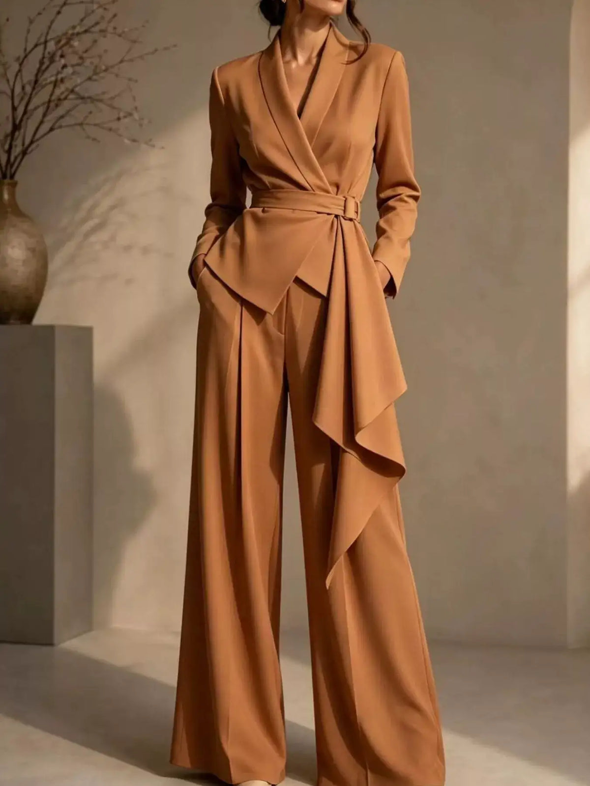 Evie's Dreamland tan belted blazer with an asymmetrical hem and matching wide-leg pants.