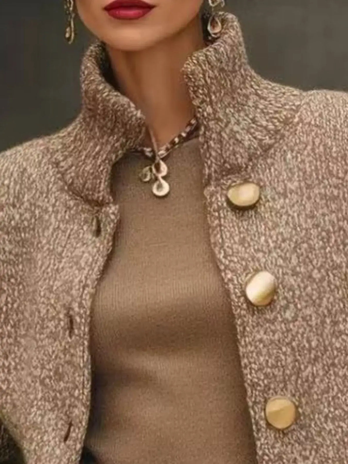 Beige textured button-down cardigan with a high collar and gold buttons by Evie's Dreamland.