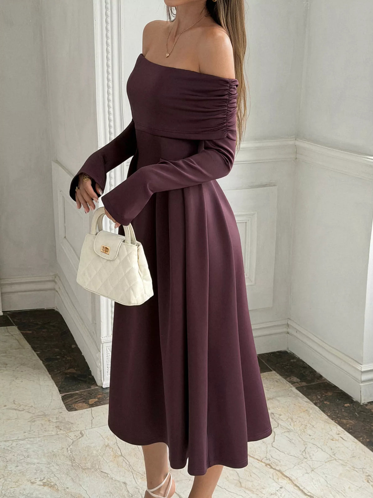 Ruched off-shoulder long sleeve midi dress - full length