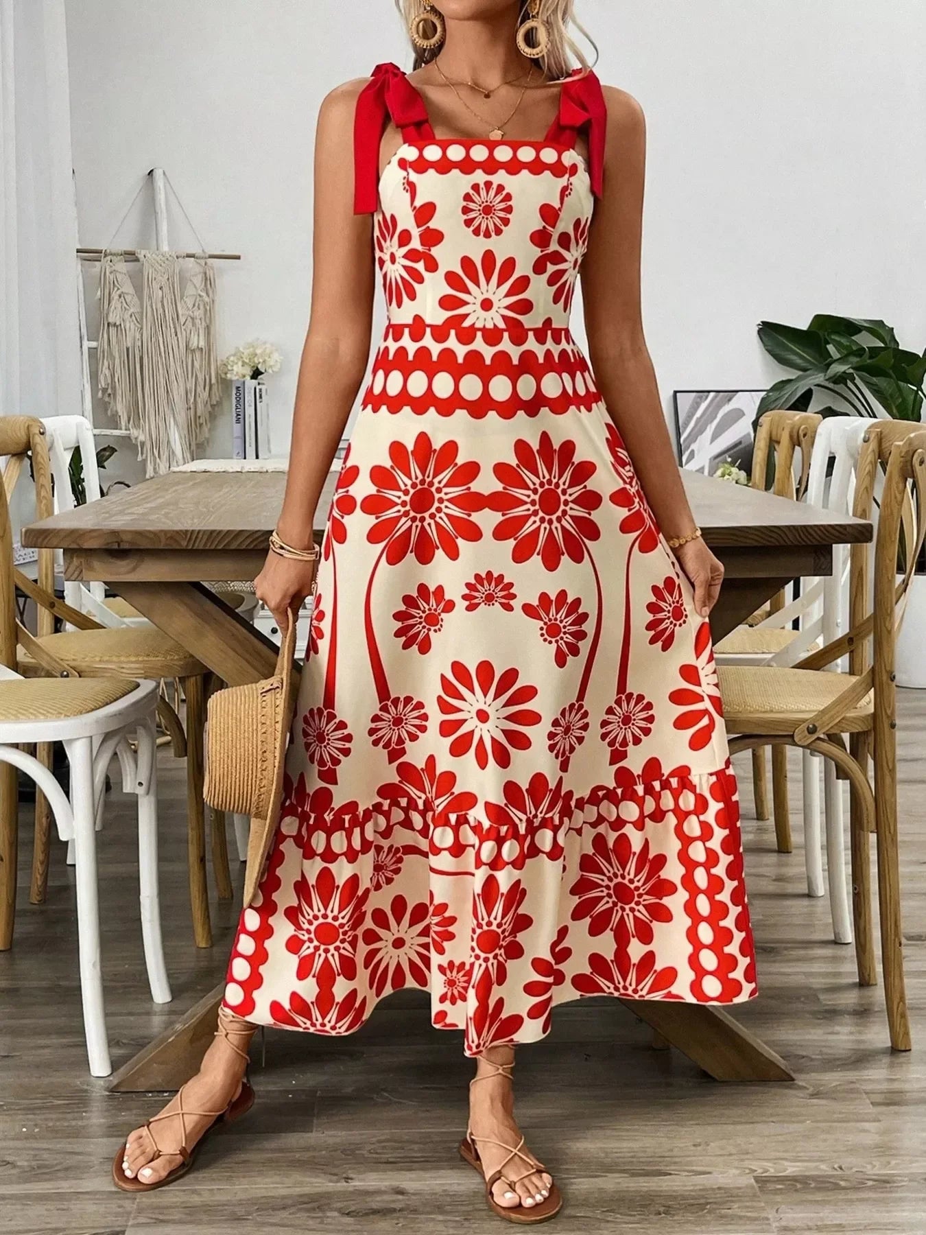 Red floral midi dress with tie straps, perfect for summer chic outfits and everyday elegance