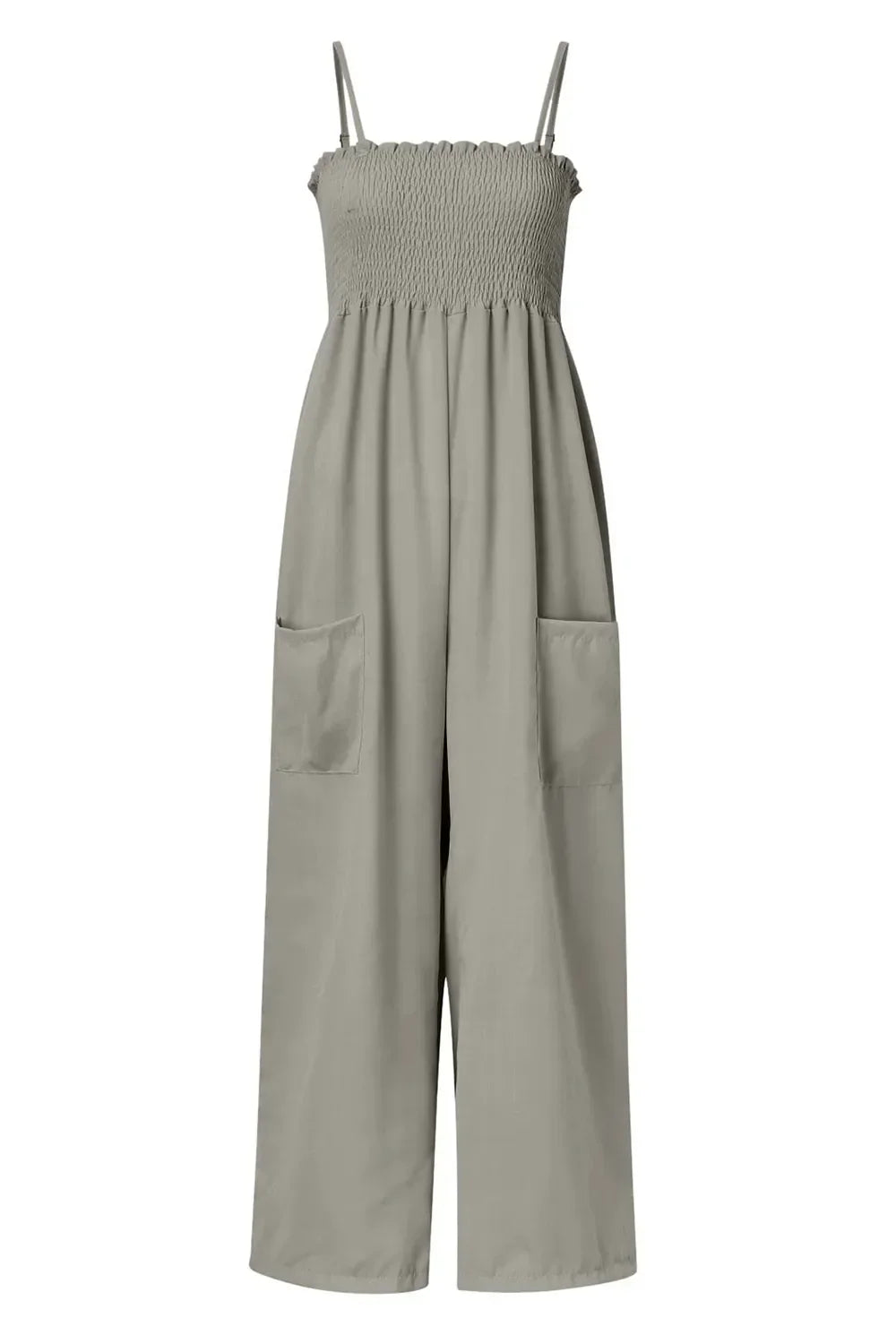 Light gray smocked bodice wide-leg jumpsuit with adjustable spaghetti straps and front pockets