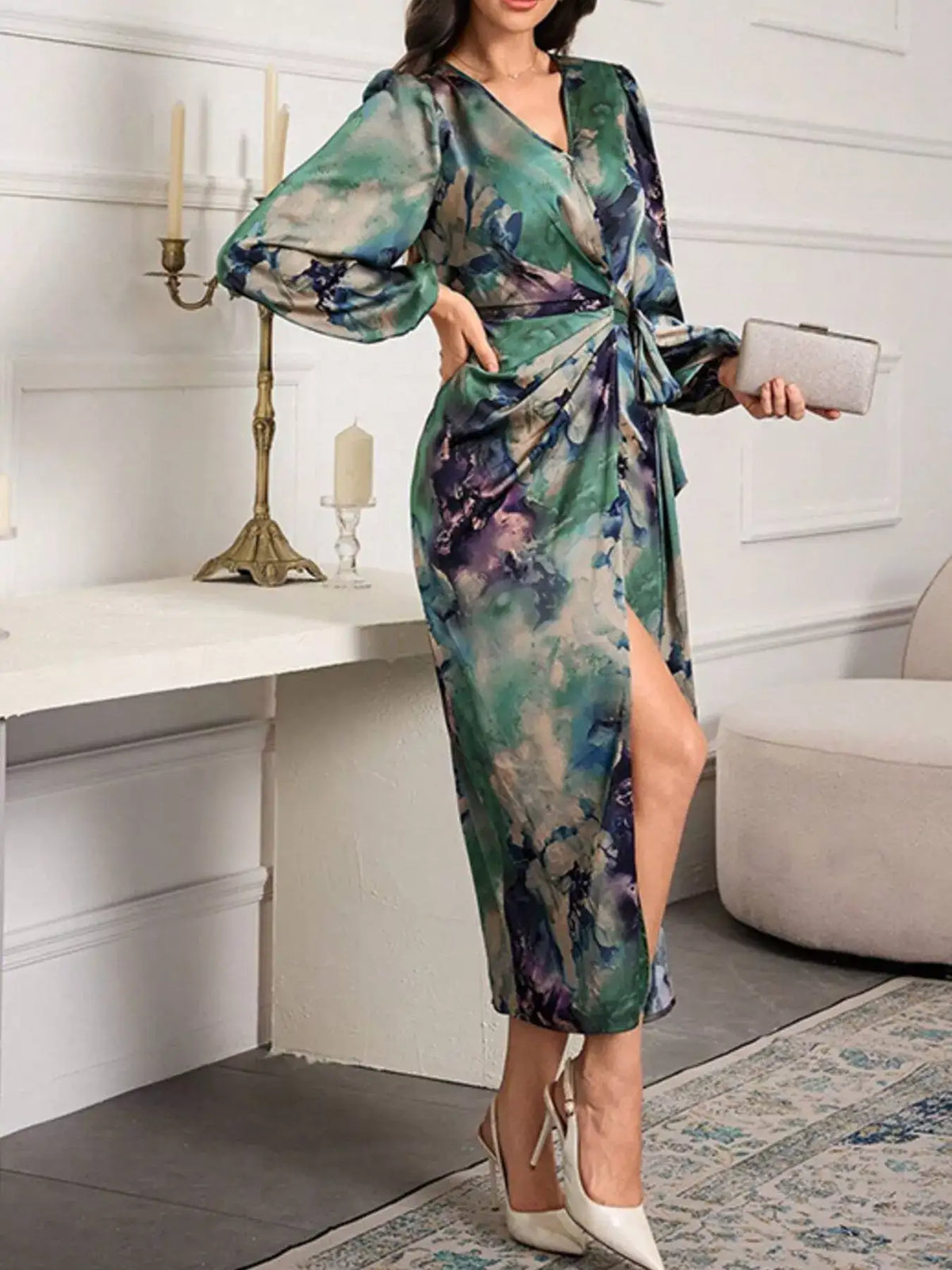 Green tie waist midi dress with side slit - detail